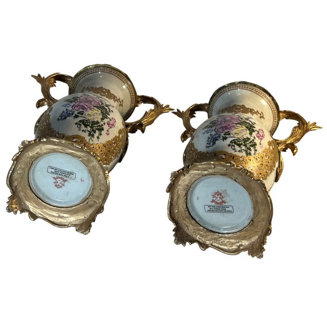 Vintage Ormolu Rococo Ceramic Urns With Floral Motif- A Pair For Sale - Image 14 of 15