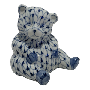 Vintage Herend Style Andrea by Sadek Hand Painted Blue & White Fishnet Sitting Bear Figurine