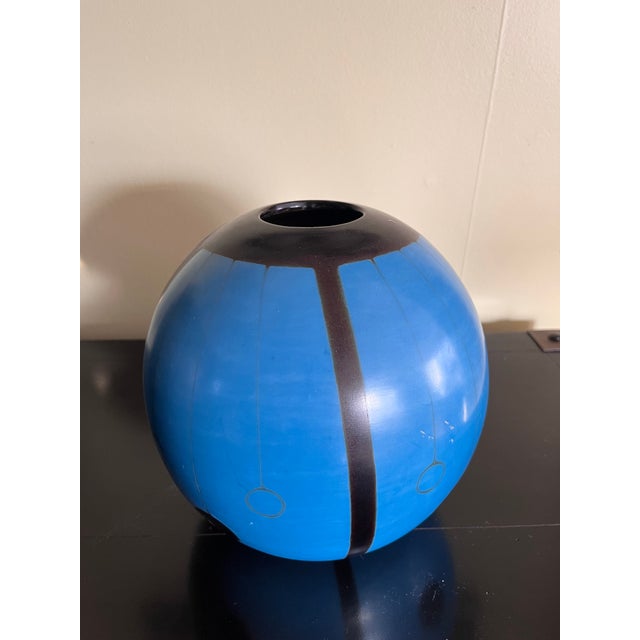 Blue Graphic Blue and Black Ceramic Vase For Sale - Image 8 of 10
