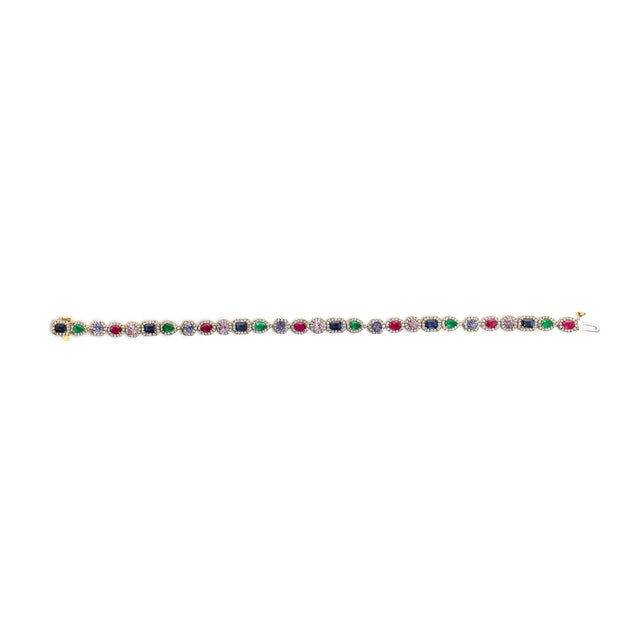 Contemporary 14K Yellow Gold Multi-Gemstone and Diamond Halo Rainbow Tennis Bracelet For Sale - Image 3 of 5