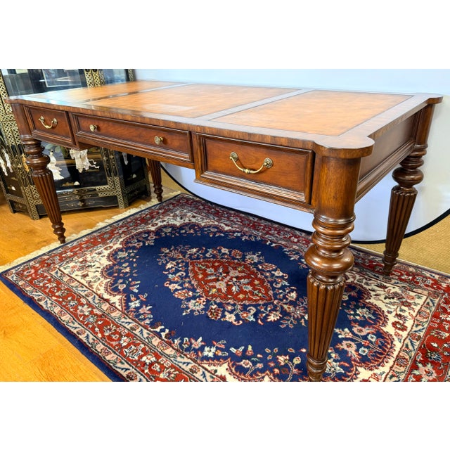 Wood Ethan Allen Traditional Leather Top Writing Desk With Turned Legs For Sale - Image 7 of 10