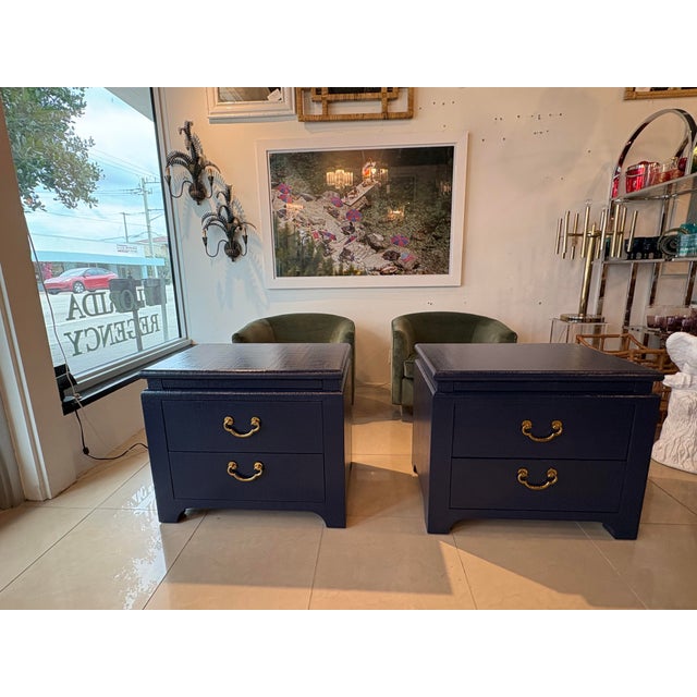Vintage Pair Harrison Van Horn Grasscloth Navy Blue Pagoda Night Stands Chests For Sale - Image 9 of 11