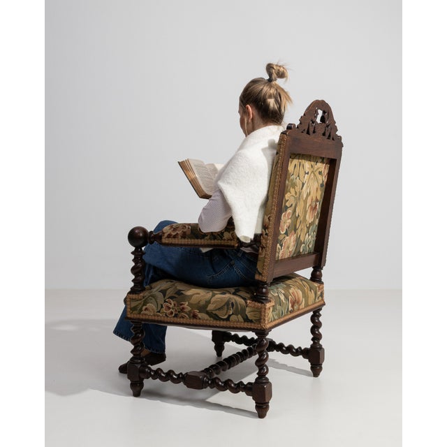 Jacobean Oak Upholstered Armchair with Floral Carving, Antique, France, Circa 1880 For Sale - Image 4 of 13