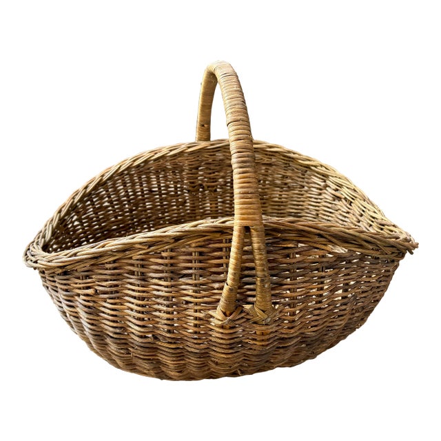 Mid 20th Century French Large Rattan Market Basket For Sale