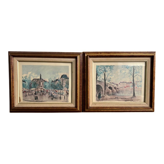 1960s Vintage Framed Watercolors of Paris Street Scenes, Set of 2 For Sale