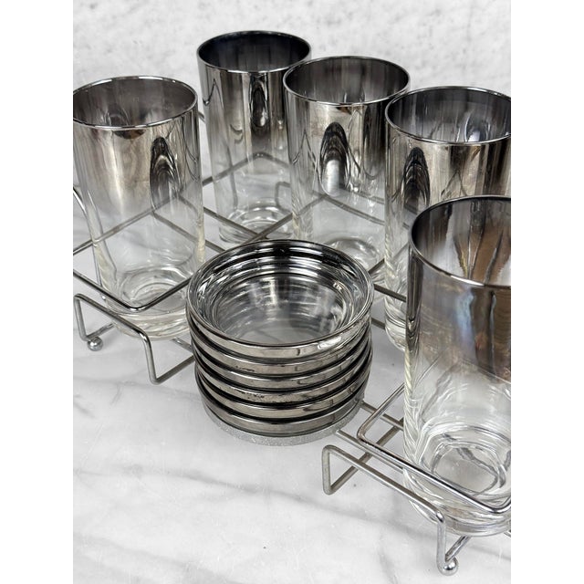 Chrome 1980s Mid-Century Chrome Silver Fade Tall Liquor Glass & Coaster Bar Serving Set - 13 pcs For Sale - Image 8 of 13