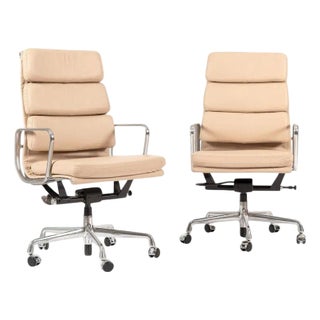 Herman Miller Eames Tall Tan Leather Desk Chair Soft Pad Pair For Sale