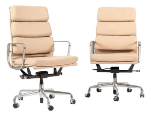 Herman Miller Eames Tall Tan Leather Desk Chair Soft Pad Pair