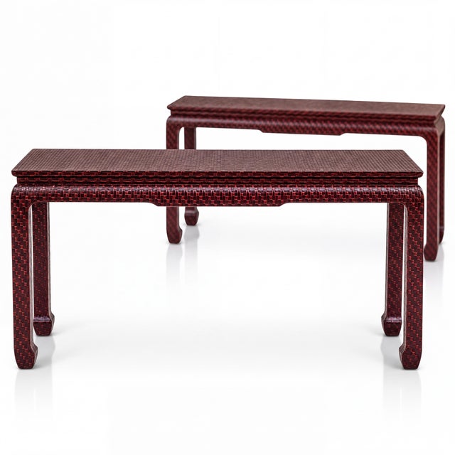 Eggplant Asian Modern Grasscloth Wrapped Ming Style Console Tables Att. Baker Furn. - Pair For Sale - Image 8 of 8