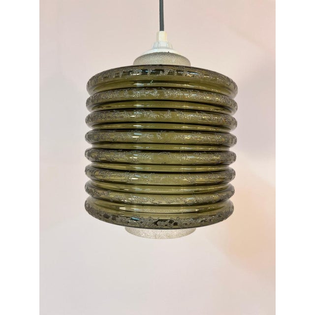Olive and White Textured Glass Pendant Lamp For Sale - Image 11 of 11