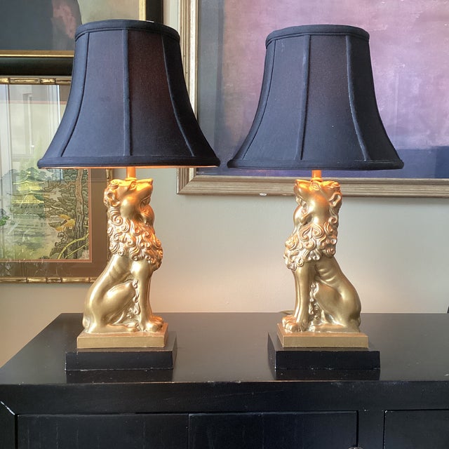 Robert Abbey Pair of Vintage Robert Abbey Attributed Golden Lion Lamps With Silk Bell Shades For Sale - Image 4 of 7
