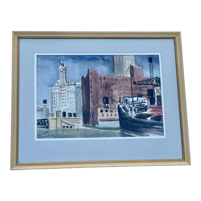 Watercolor Peter Crombie Signed Michigan Ave Bridge Chicago Skyline 1948 For Sale