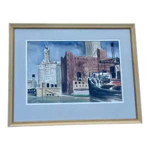 Watercolor Peter Crombie Signed Michigan Ave Bridge Chicago Skyline 1948