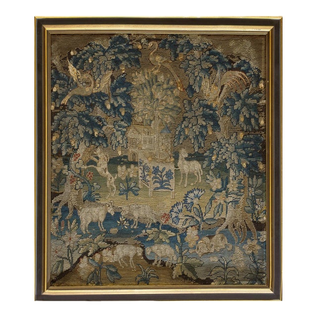 1750s GreenTraditional Scenic Antique English Needlepoint Rug 2'4"x2'7" Silk Flatweave Carpet For Sale