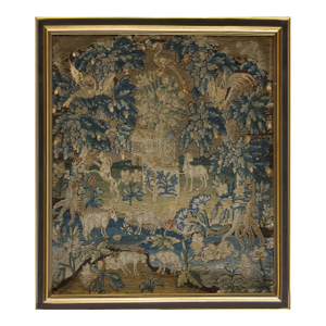1750s GreenTraditional Scenic Antique English Needlepoint Rug 2'4"x2'7" Silk Flatweave Carpet