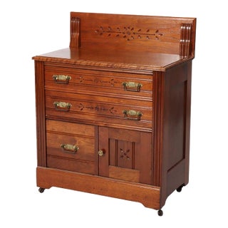 Antique Eastlake Chip Carved Cherry Washstand With Backsplash Circa 1880 For Sale