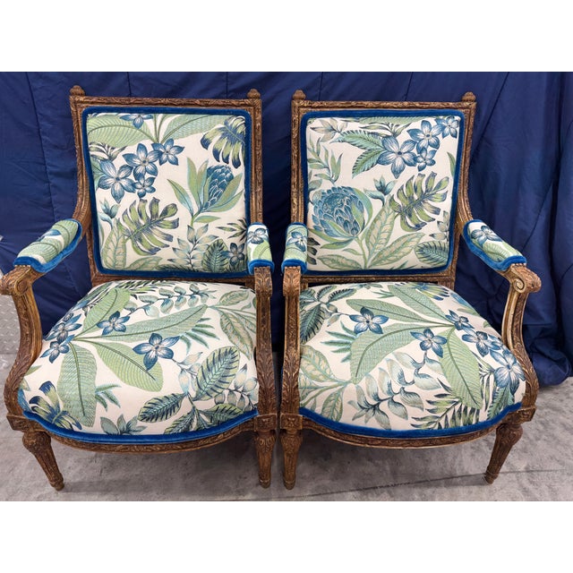 Wood Pair of Manual Canovas Upholstered Antique French Louis XVI Gilt Large Arm Chairs Bergeres For Sale - Image 7 of 8