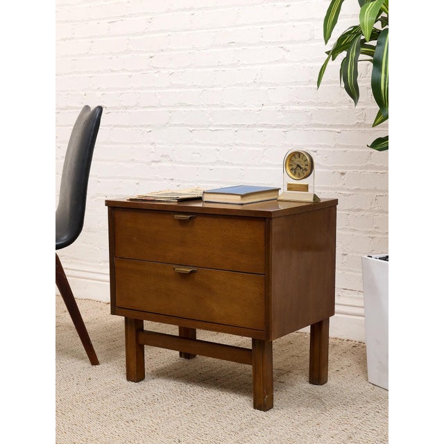 Mid 20th Century Pair of Vintage Mid-Century Modern Walnut Two-Drawer Formica Top Nightstands For Sale - Image 5 of 7