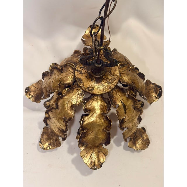 Mid 20th Century Vintage Banci Firenze Style Hand-Gilt Oak Leaf Pendant Light For Sale - Image 5 of 12