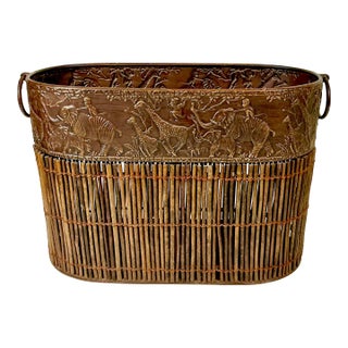1980s Vintage Boho Chic Safari Coastal Tole Elephant, Monkey & Giraffe Faux Wood Bamboo Wastebasket For Sale