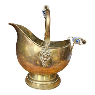 Early 20th Century Brass and Porcelain Helmet-Form Coal Scuttle For Sale