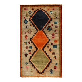 1950s Vintage Gabbeh Tribal Rug in Beige With Orange, Black and Green Lozenge Pattern For Sale