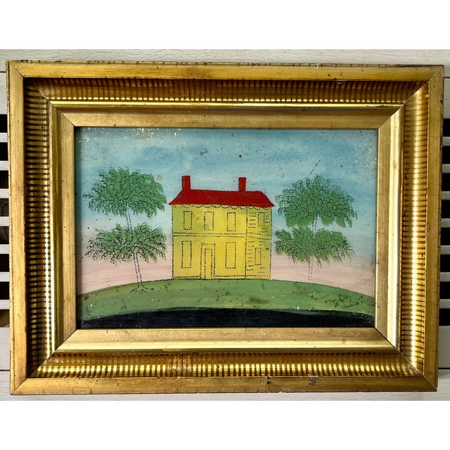 Yellow Antique 19th Century American Folk Art Primitive Eglomise Reverse Painting on Glass of a Federal House in a Landscape For Sale - Image 8 of 8