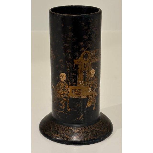 Antique English Papier-Maché Chinoiserie Spill Vase / Brush Holder in Black and Gold For Sale - Image 10 of 18