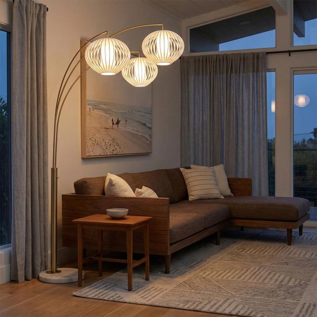 Contemporary Bloom 3-Light Arc Floor Lamp - Weathered Brass, White Marble Base, White Satin Shade, Dimmer Switch For Sale - Image 3 of 10