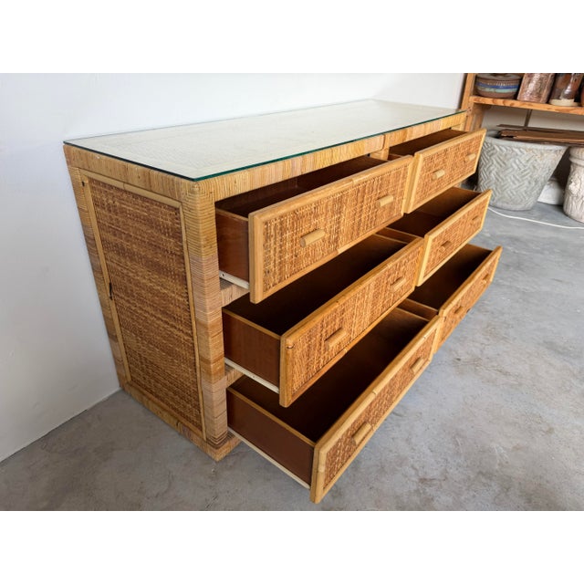 Vintage Coastal Rattan & Wicker Six-Drawer Dresser With Glass Top For Sale - Image 9 of 12