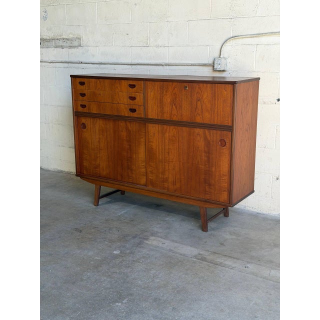 Vintage Danish Modern Teak Secretary Sideboard Cabinet With Drop Front Bar 1960s For Sale - Image 4 of 10