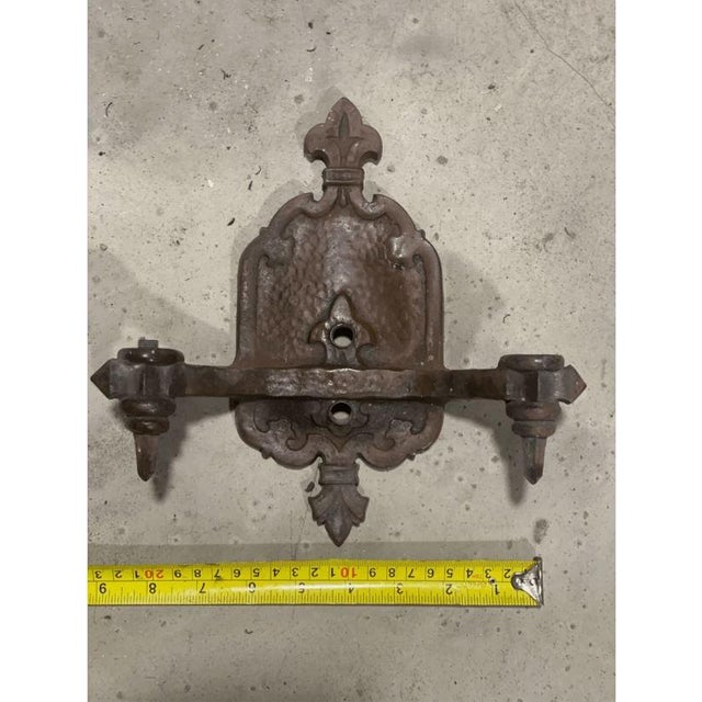 Antique Tudor 2 Light Wall Sconce Hanmered Gothic Style Fluer De Lis for Repair For Sale In Pittsburgh - Image 6 of 7