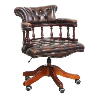 Adjustable Dark Brown Height Cowhide and Wooden Chesterfield Office Chair on Wheels For Sale