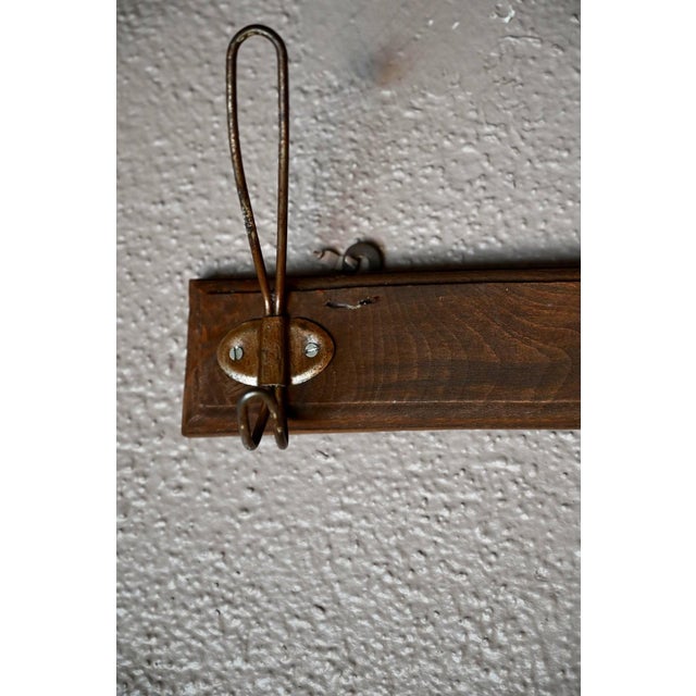 Vintage Bistro-Style Wall-Mounted Coat Rack in Wood and Patinated Metal, 1940s For Sale - Image 3 of 5
