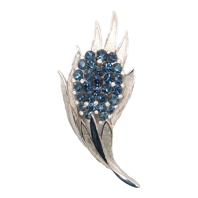Vintage 1960s Signed Crown Trifari Rhodium Plated Faux-Sapphire Brooch For Sale