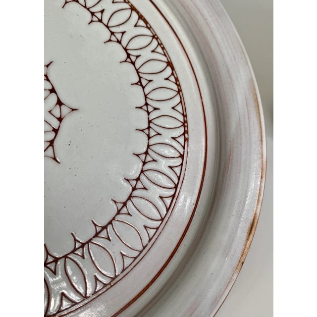 Vintage Mid-Century Modern Art Studio Sgraffito Pottery Carafe, Decanter & Matching Chop Plate Set- 2 Pieces For Sale - Image 11 of 12