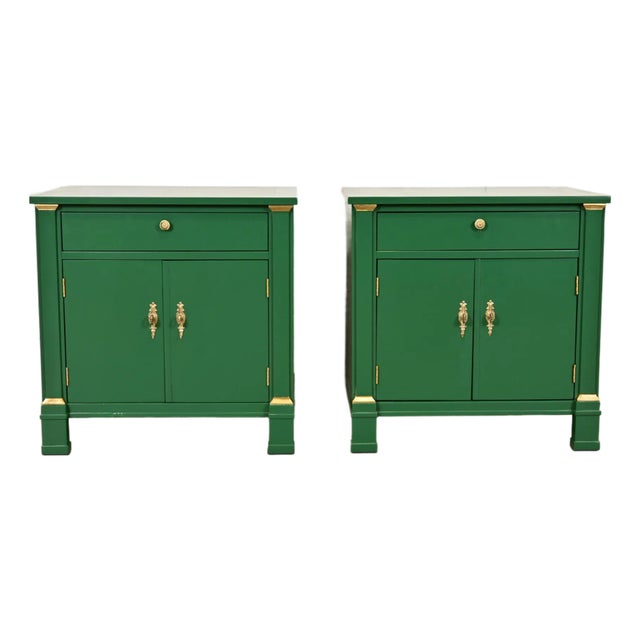 Baker Furniture French Empire Green Lacquered Nightstands, Newly Refinished For Sale