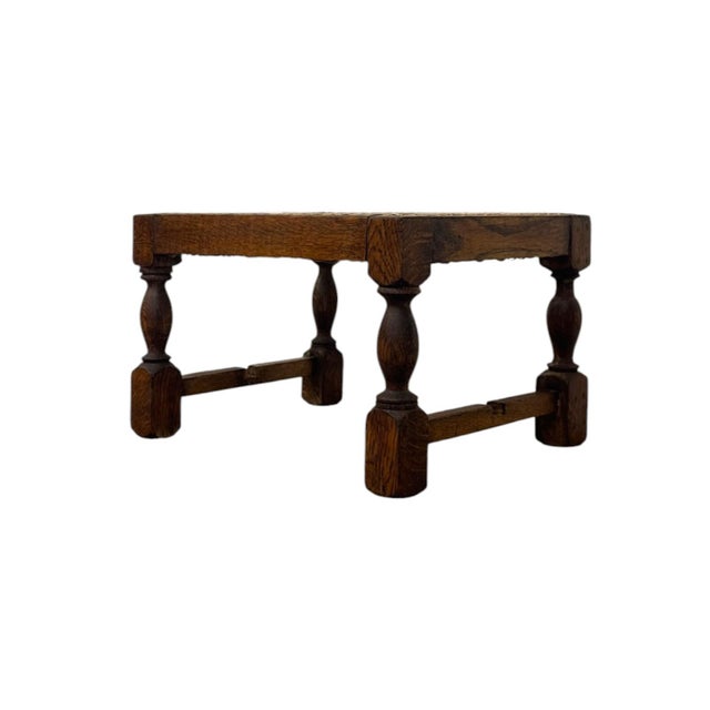 Vintage English Oak Footstool With Woven Cane Top and Turned Legs. For Sale - Image 4 of 9