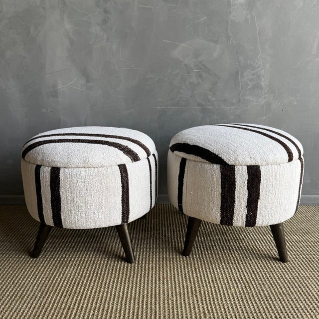 Not Yet Made - Made To Order Pair of Off-white & Black Striped Ottomans Made From Vintage Turkish Rugs For Sale - Image 5 of 8
