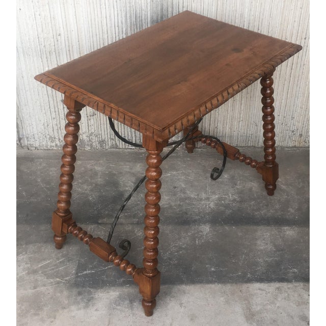 19th Century Spanish Farm Table with Iron Stretchers, Hand Carved Top and Drawer For Sale - Image 4 of 18