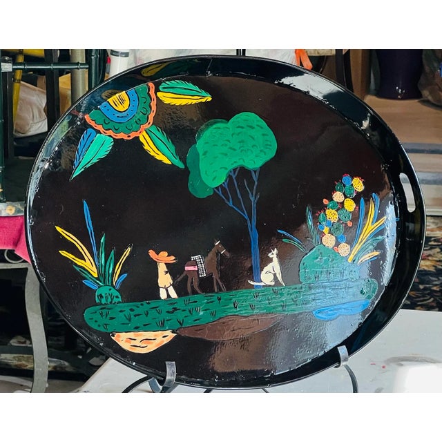 Mexican AntiqueTole Black Powder Coated Tlaquepaque Style Handled Servng Tray For Sale - Image 3 of 12