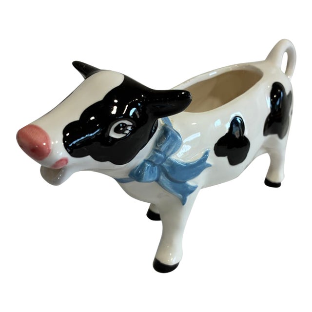 Vintage Ceramic Cow Creamer With Blue Bow For Sale