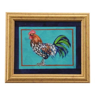 Rooster Bird Chicken Americana Folk Art Turquoise Red Black Original Oil Painting Cleo Plowden For Sale
