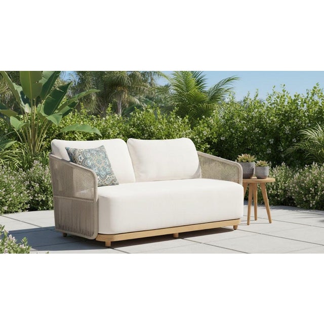 Alpine Teak Wood Outdoor Loveseat With Gray Rope Design For Sale - Image 12 of 15
