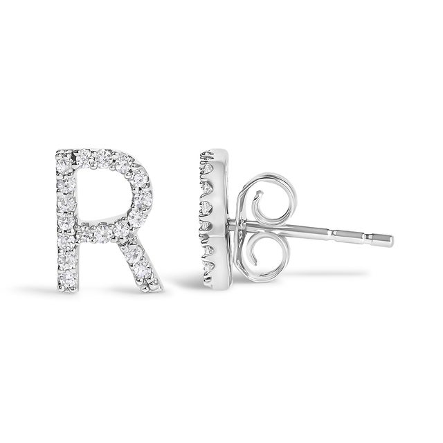 Contemporary 10K White Gold 1/10 Cttw Diamond 'R' Initial Stud Earring For Sale - Image 3 of 5