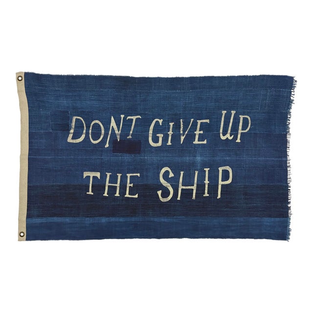 Large Patchwork Indigo Flag, Don't Give Up the Ship, Unique For Sale