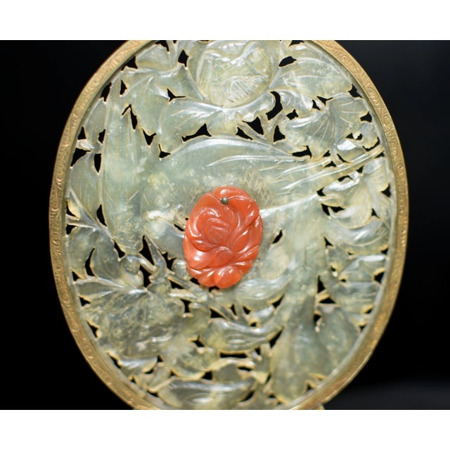 Metal Pair Antique Chinese Serpentine Jade Red Agate Engraved Brass Bookends For Sale - Image 7 of 13