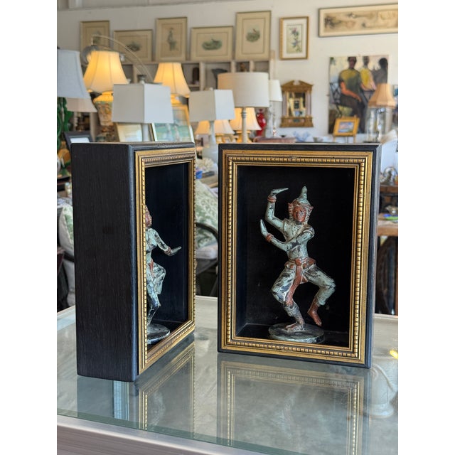 Metal Pair of Vintage Bronze Thai Prince Statues Figurines in Shadow Box For Sale - Image 7 of 10