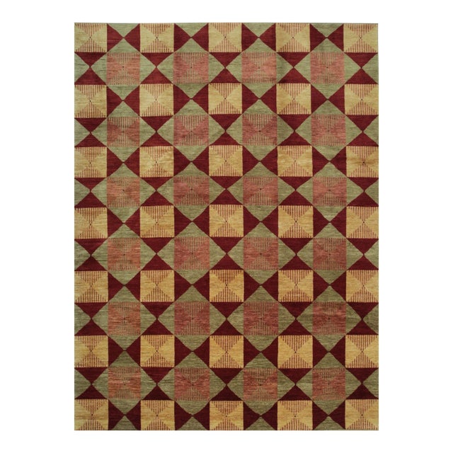 Sloane Diamond Red Hand-Knotted Afghan Wool Rug Carpet, Geometric Design For Sale