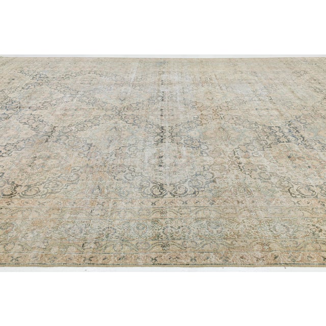 1920s 11 X 17 Antique Kerman Wool Rug in Muted Beige With Floral Medallion Design For Sale - Image 5 of 10